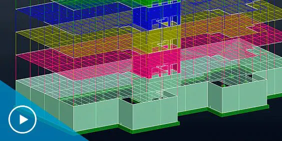 A 3D rendering of a multilevel building with each level represented as a different color