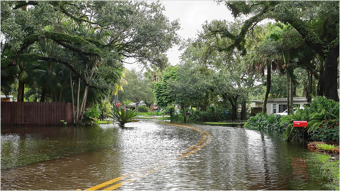 Flooded street in a suburban area surrounded by trees and residential homes  