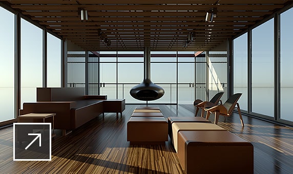 Renderização 3D de uma sala de estar moderna com janelas de vidro do piso ao teto, decoração minimalista e lareira preta suspensa