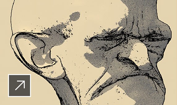 Karikaturähnliche Zeichnung des Gesichts eines alten Mannes links und Zeichnung eines Gesichts ohne Haut rechts 