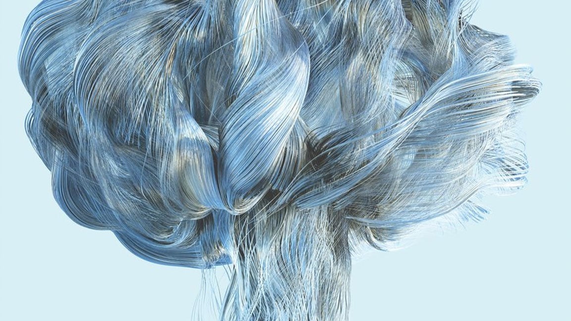Oggetto 3D a forma di albero con centinaia di filamenti vorticosi di colore blu pallido, argento e grigio luccicante