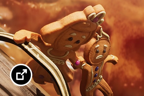 Dois personagens do conto The Gingerbread Man (O Homem de Pão de Gengibre) pendurados sobre líquido fervente  