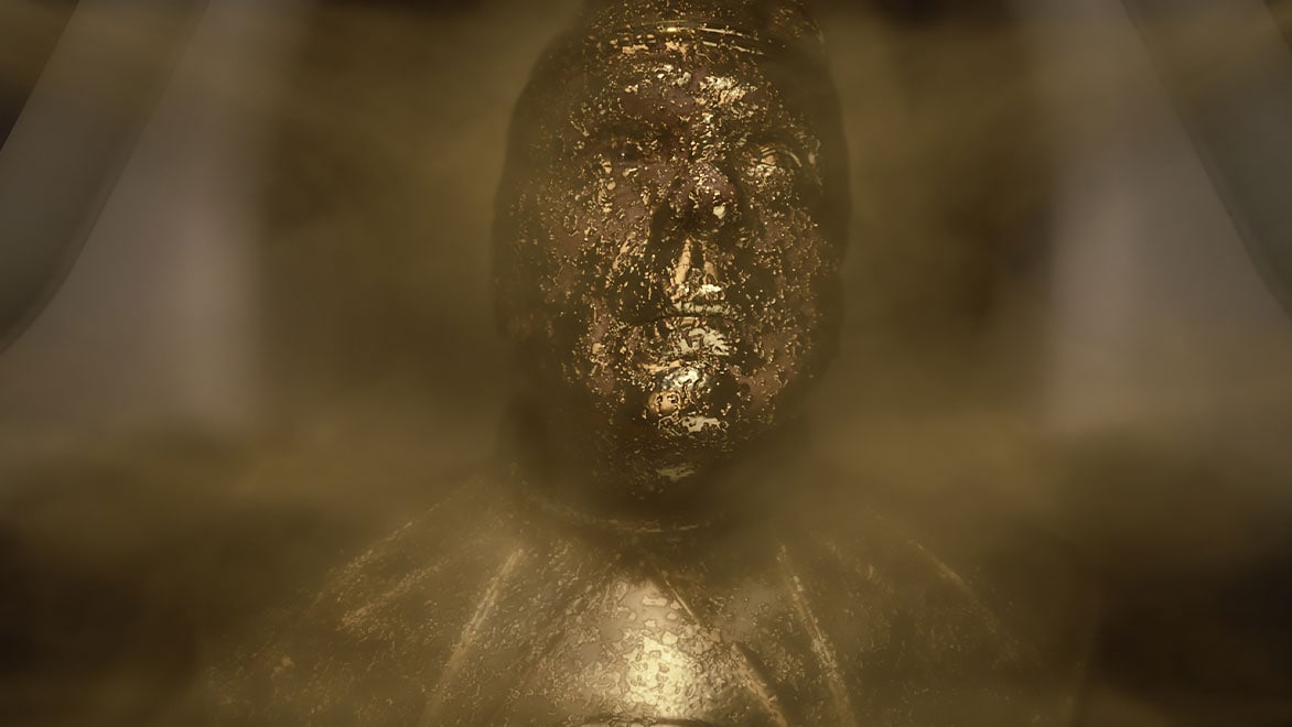 Personaje de Watchmen convirtiéndose en una estatua de oro 