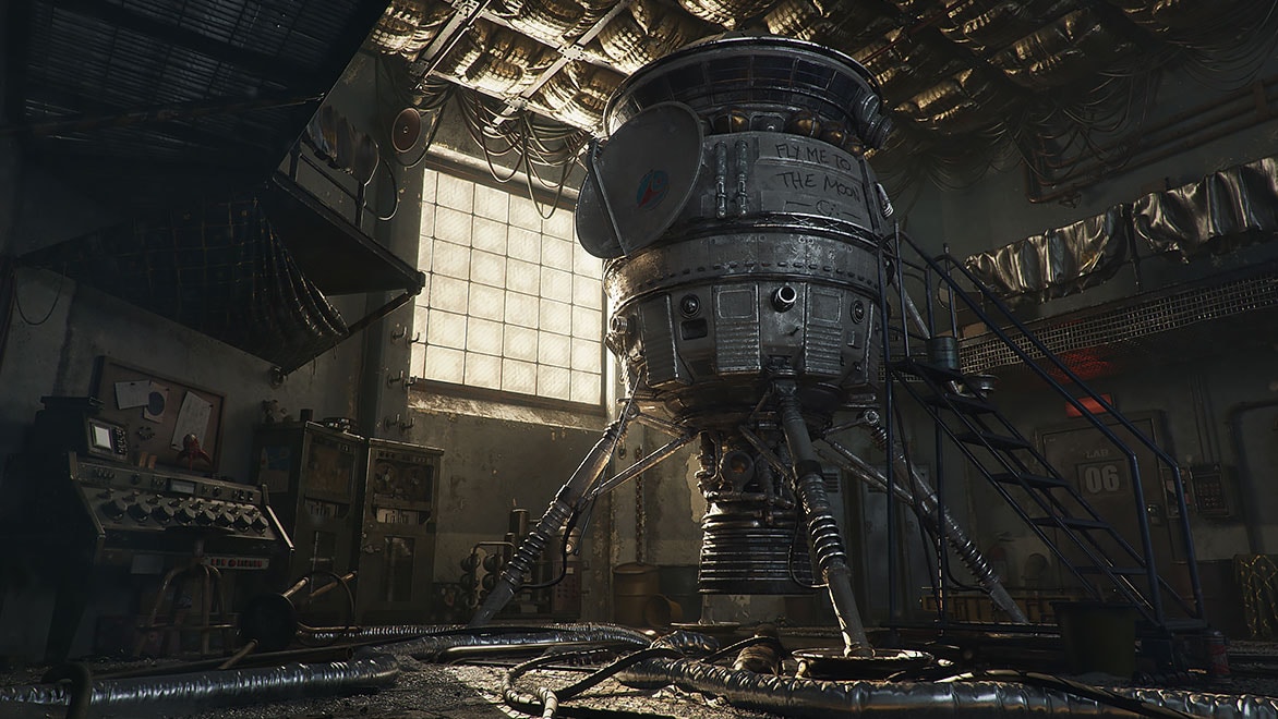 Old spacecraft collecting dust in an abandoned warehouse  