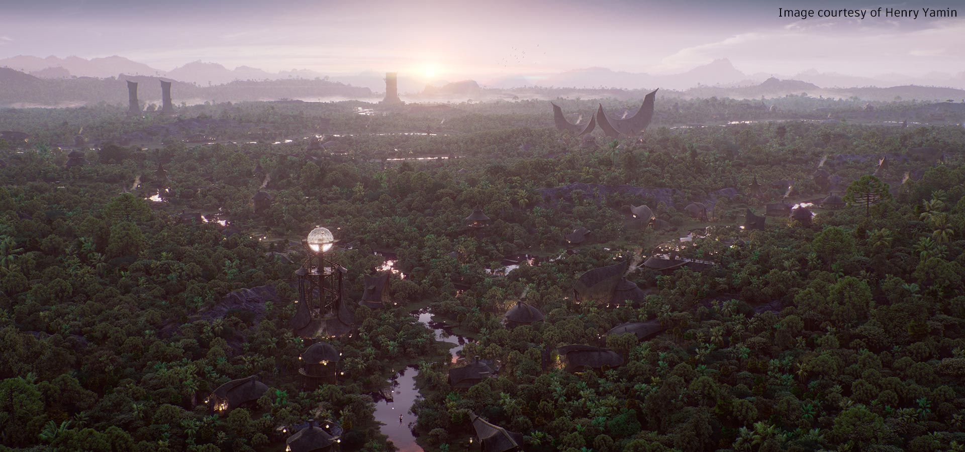 Landscape of a forest city, rendered in Arnold