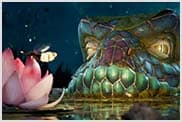 Una criatura del estanque cazando su presa, una luciérnaga apoyada en un loto