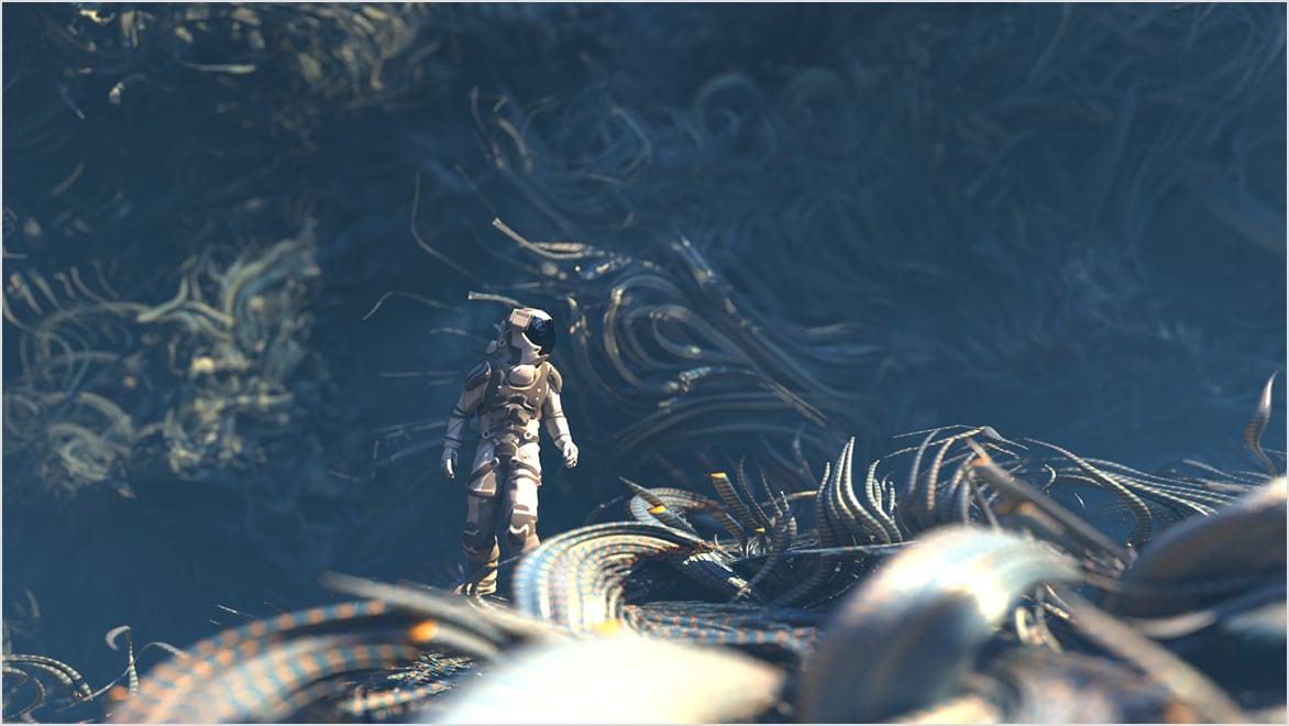 Astronaut exploring an alien environment