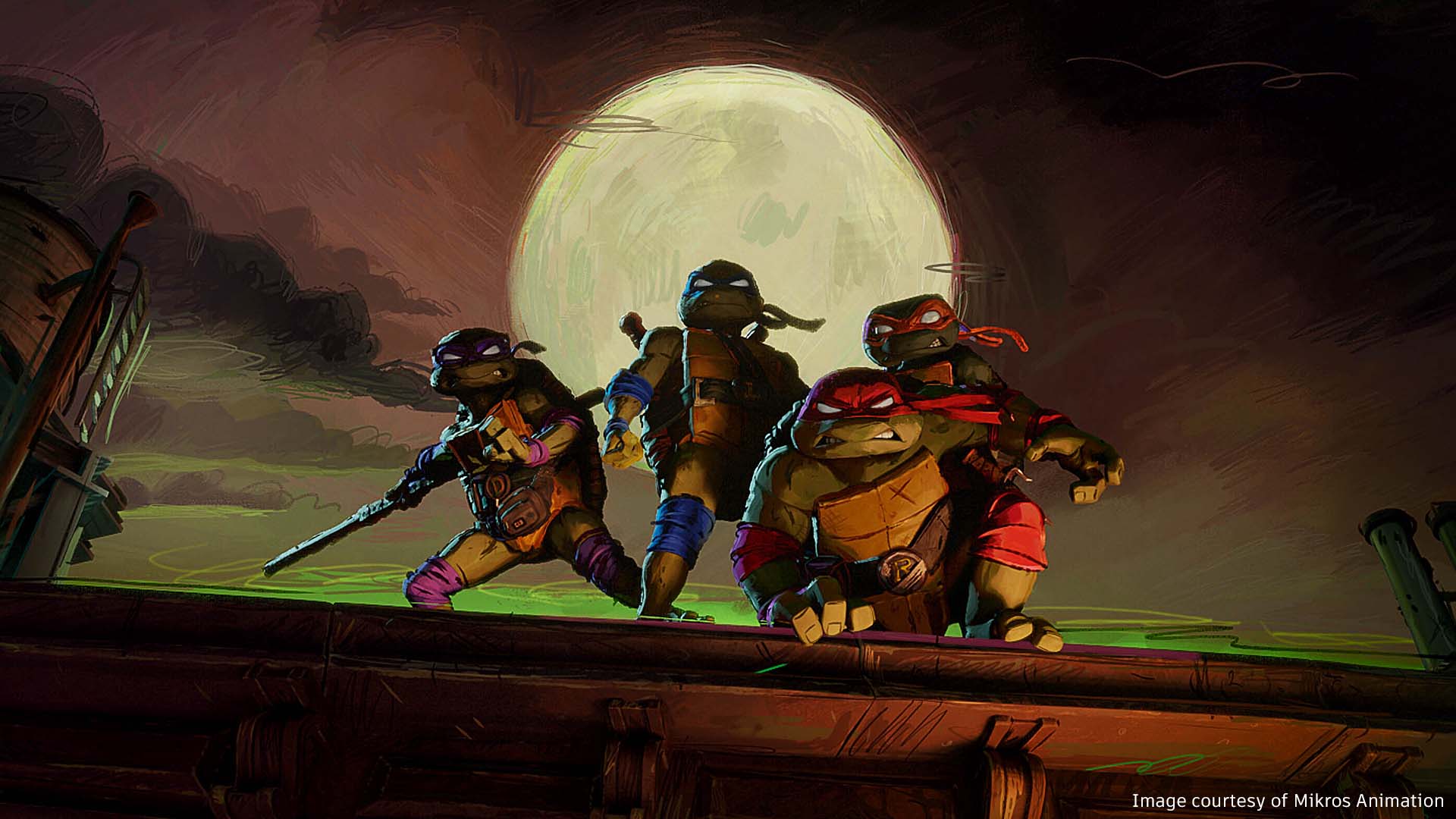 Characters from Teenage Mutant Ninja Turtles: Mutant Mayhem on a roof at night