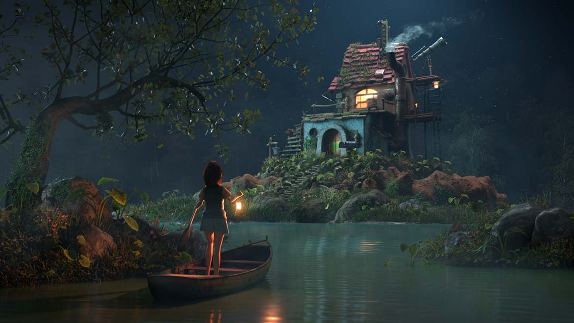 Character in a boat facing a house