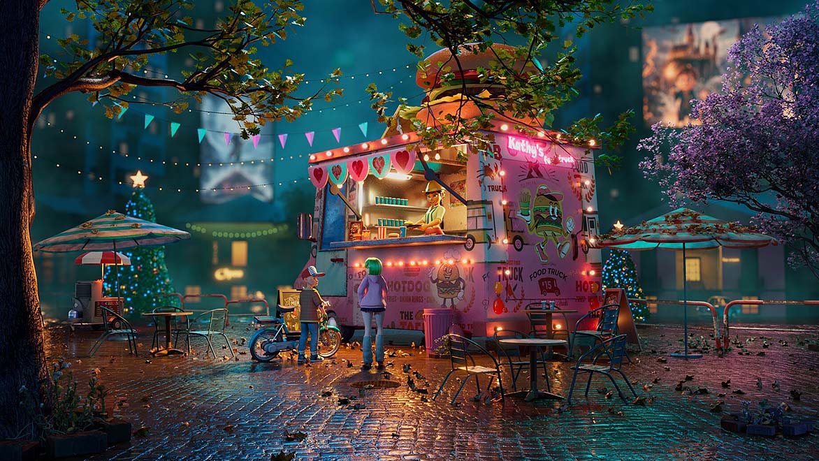 晚上角色在餐车点餐的渲染场景。