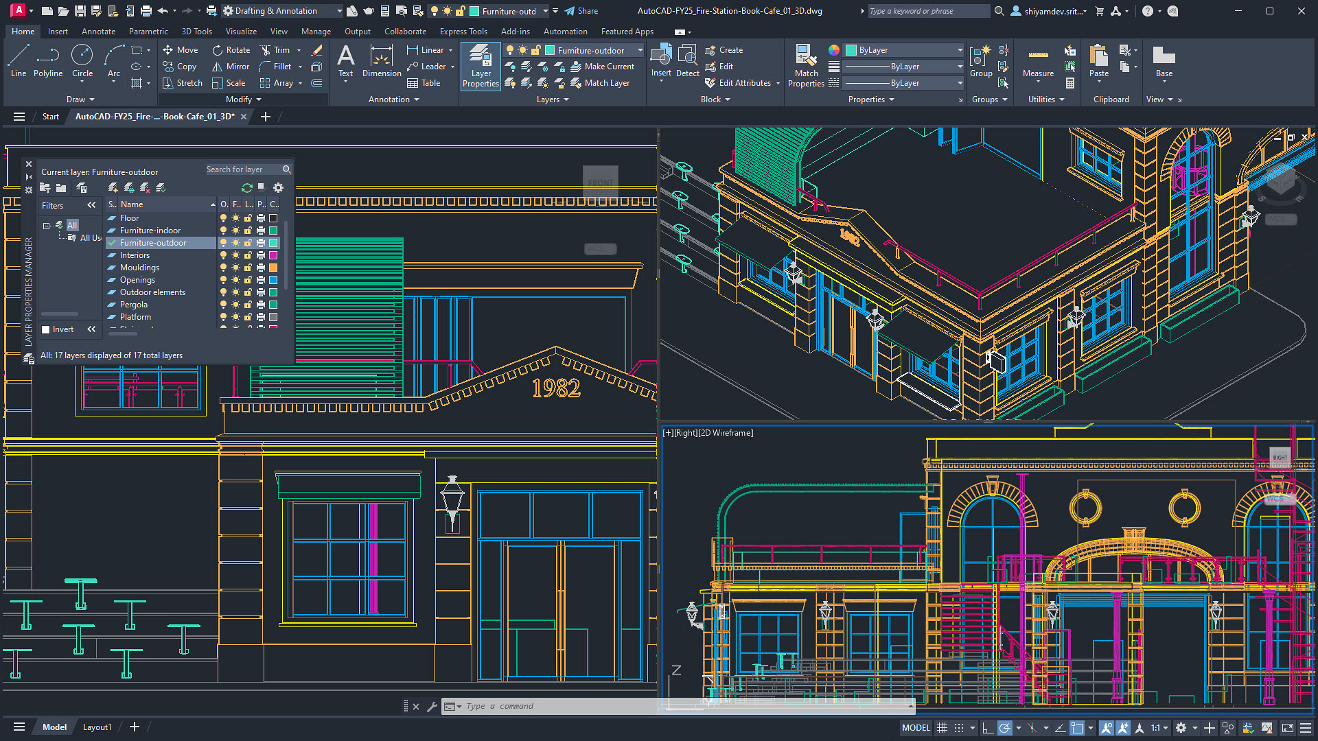 AutoCAD を使用して 2D および 3D でモデリングされた、古い消防署の構築レイアウトの外側のワイヤフレーム。