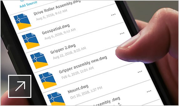 A person scrolls through DWG files in AutoCAD on a smartphone