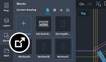 El panel de herramienta de bloques abierto en un dibujo de una cafetería de la aplicación web de AutoCAD