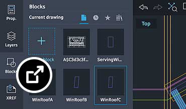 Geöffnete Werkzeuggruppe Blöcke auf einer Zeichnung in AutoCAD im Internet