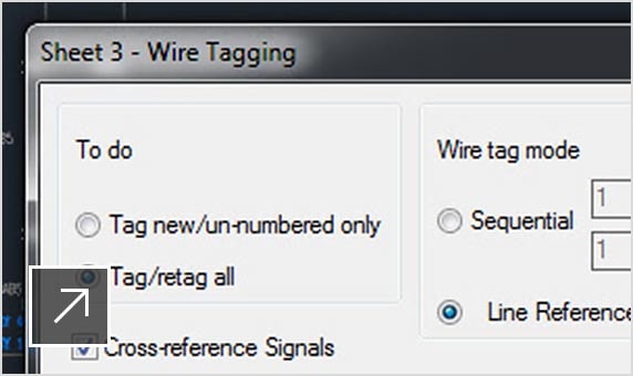 Esquema elétrico DWG com o painel de etiquetagem de fios aberto