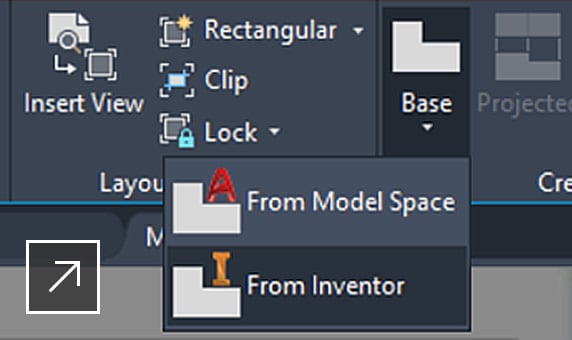 3D-чертеж DWG с базовым элементом и отображаемым пространством модели и элементами меню Inventor