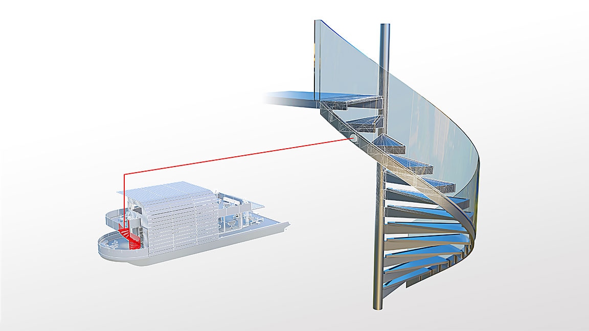 Primer plano detallado de las escaleras de un dibujo de una casa flotante