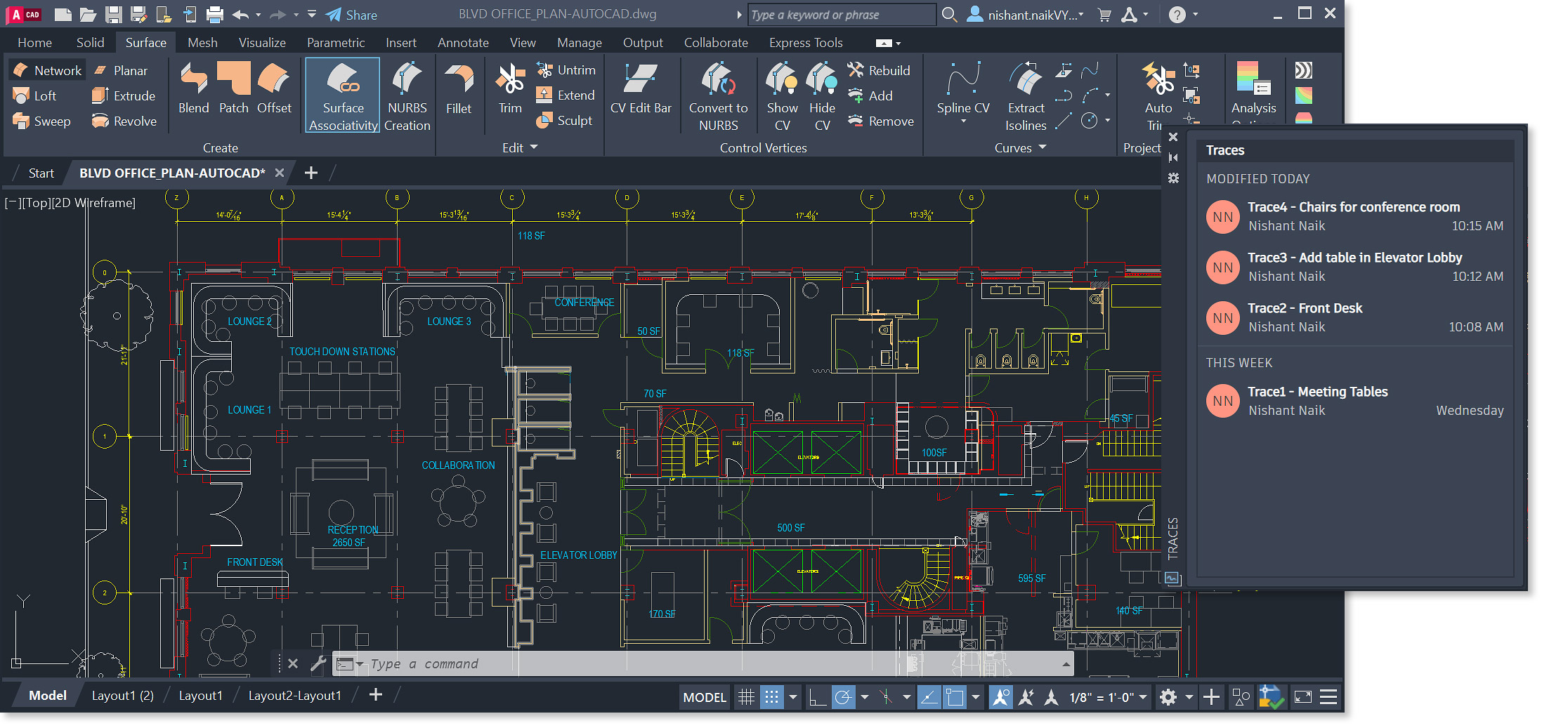 AutoCAD plattegrond kantoor met schematische weergave van de belangrijkste functies