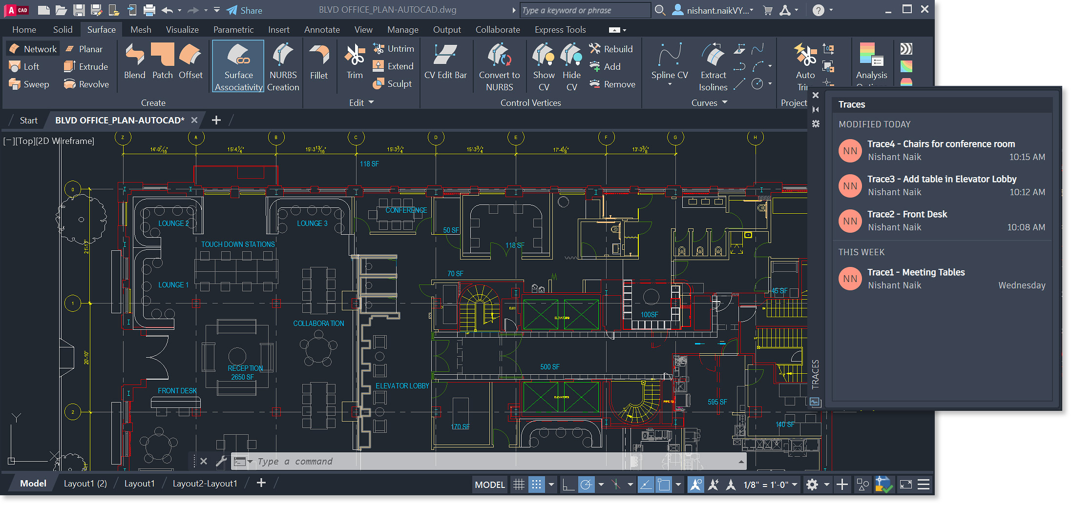 显示主要功能的 AutoCAD 办公室平面图示意图