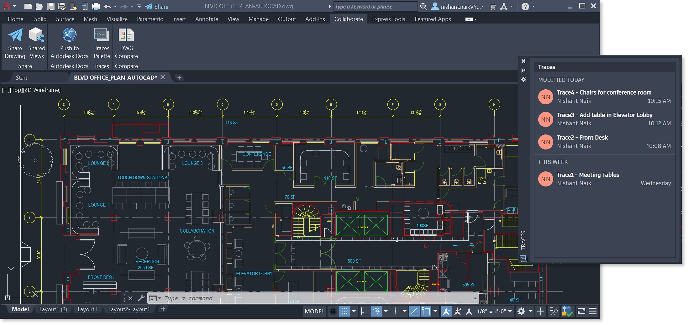 AutoCAD office floor plan schematic displaying key features