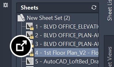 Administrador de conjuntos de planos que muestra varios planos, incluidos alzados y planos de planta, para el diseño de una oficina