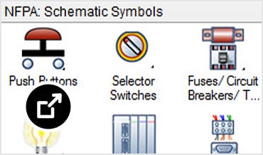 Schermopname van de bibliotheek met elektrische symbolen met kleurrijke pictogrammen