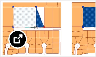 黄色の背景に青い正方形が表示されている GIS データ編集画面