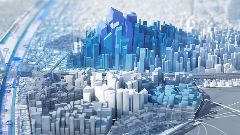 3D grafika panoramatu města v&nbsp;tlumených odstínech
