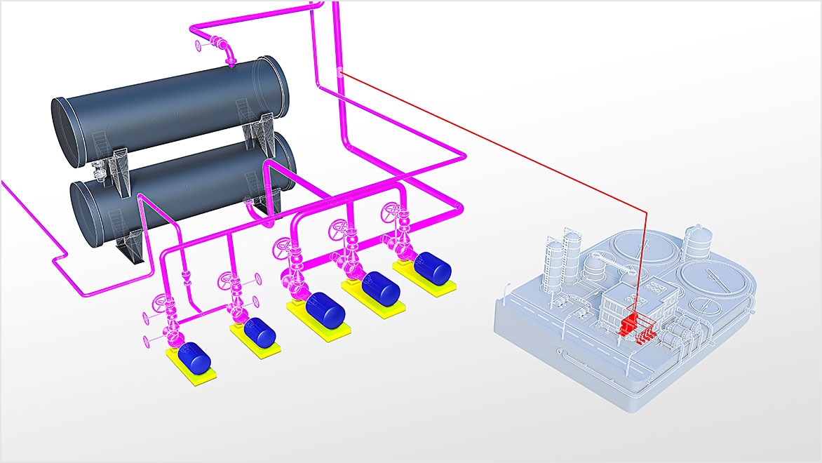 Dettaglio del modello di un sistema idraulico dal disegno di un impianto industriale