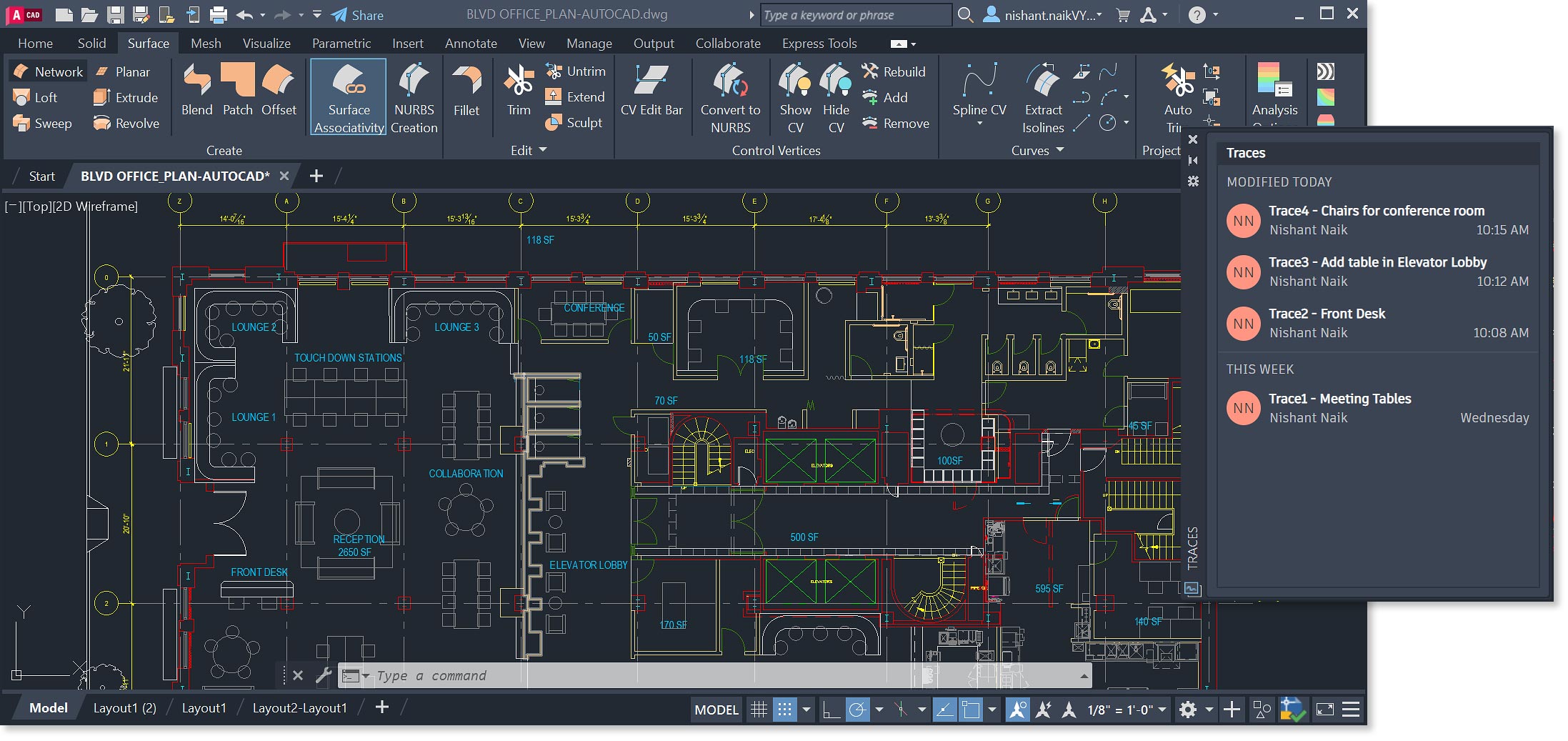 Plattegrond van kantoor in AutoCAD met schematische weergave van de belangrijkste functies