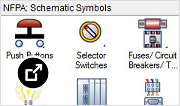 Captura de ecrã da biblioteca de símbolos elétricos com ícones coloridos