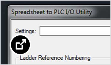 Skærmbillede af overlejret menu til regneark til PLC I/O-værktøj