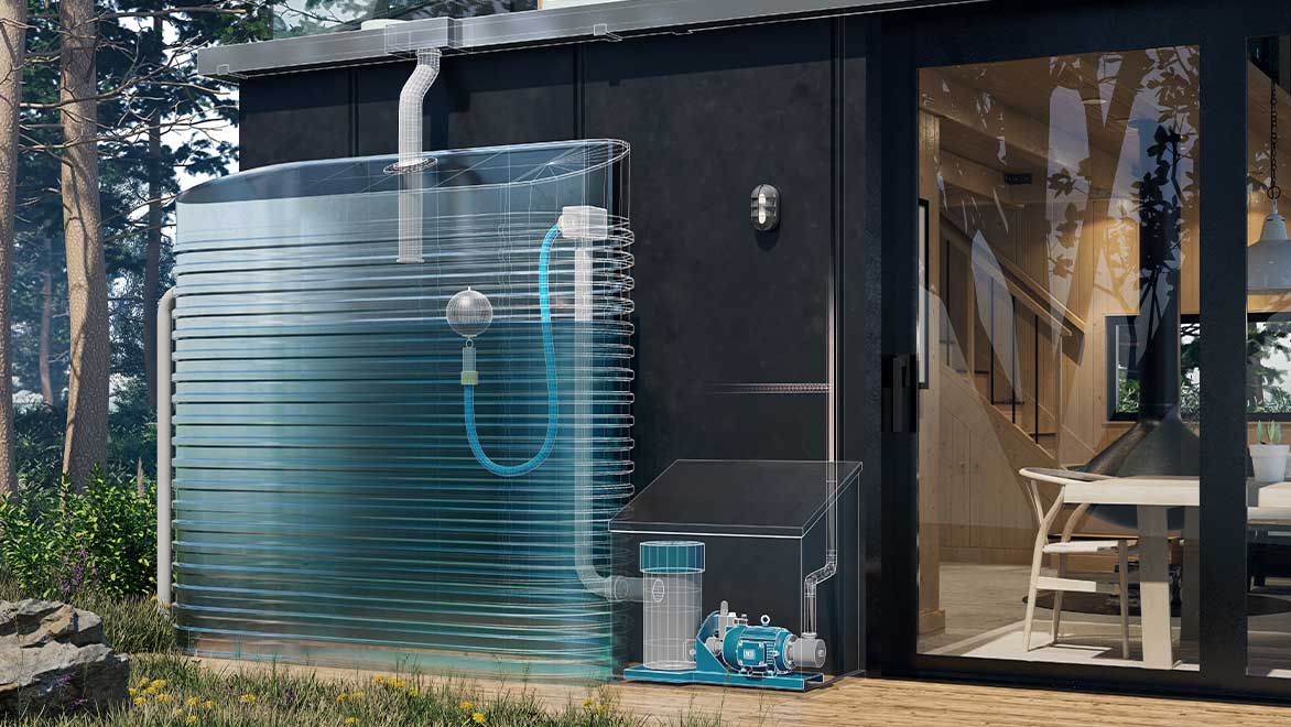 Tanque de recolha de águas pluviais mostrado em detalhe anexado a uma cabana na floresta no AutoCAD