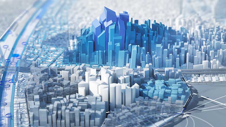 3D-grafik af bybillede i afdæmpede nuancer