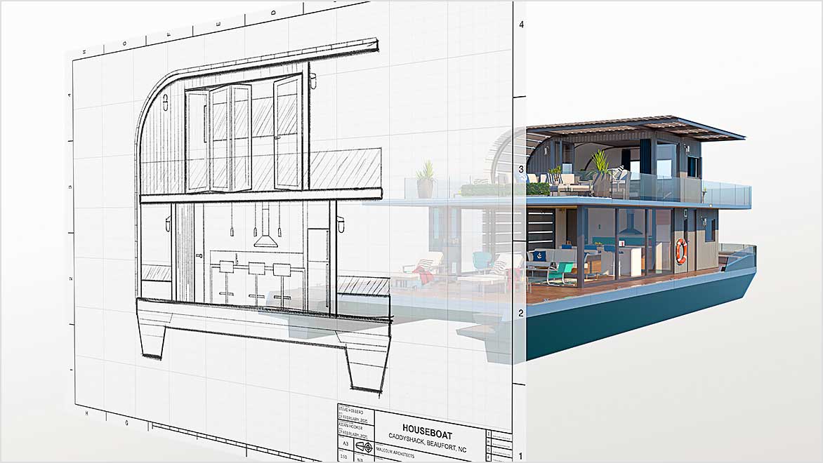 Imagen ráster de una casa flotante frente a una renderización completa de una casa flotante