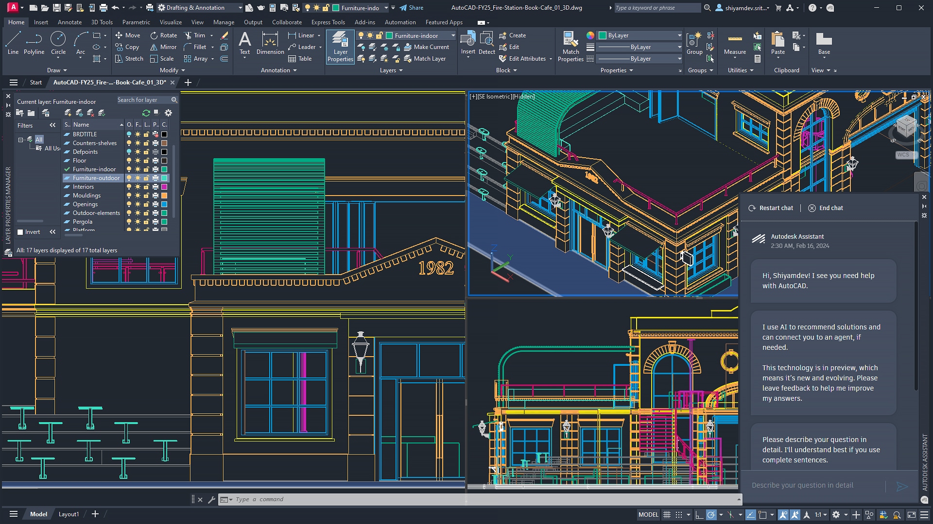 Exterior wireframe of old fire station build layout modeled in 2D and 3D in AutoCAD with Autodesk Assistant chat open