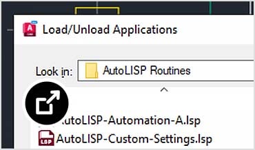 Load and unload apps dialogue box open in AutoCAD with four AutoLISP .LSP files ready to load. 