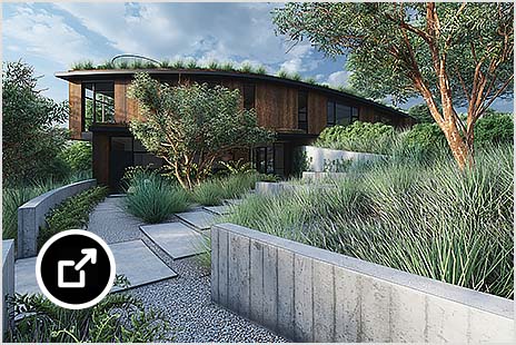 Entrance to Santa Lucia Preserve Project wood-paneled building surrounded by greenery