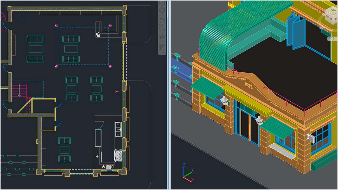 Building design in Autodesk AutoCAD displays 2D floorplan and 3D model