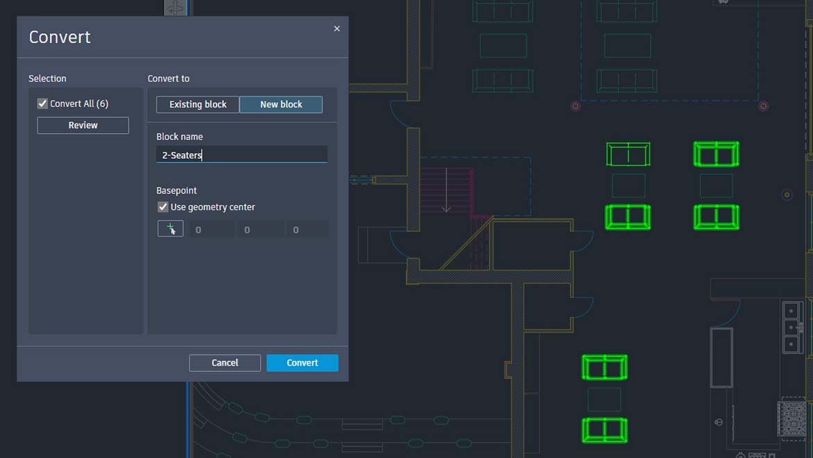 Dialogvindu åpent i Autodesk AutoCAD for verktøyet Smarte blokker: Søk og konverter