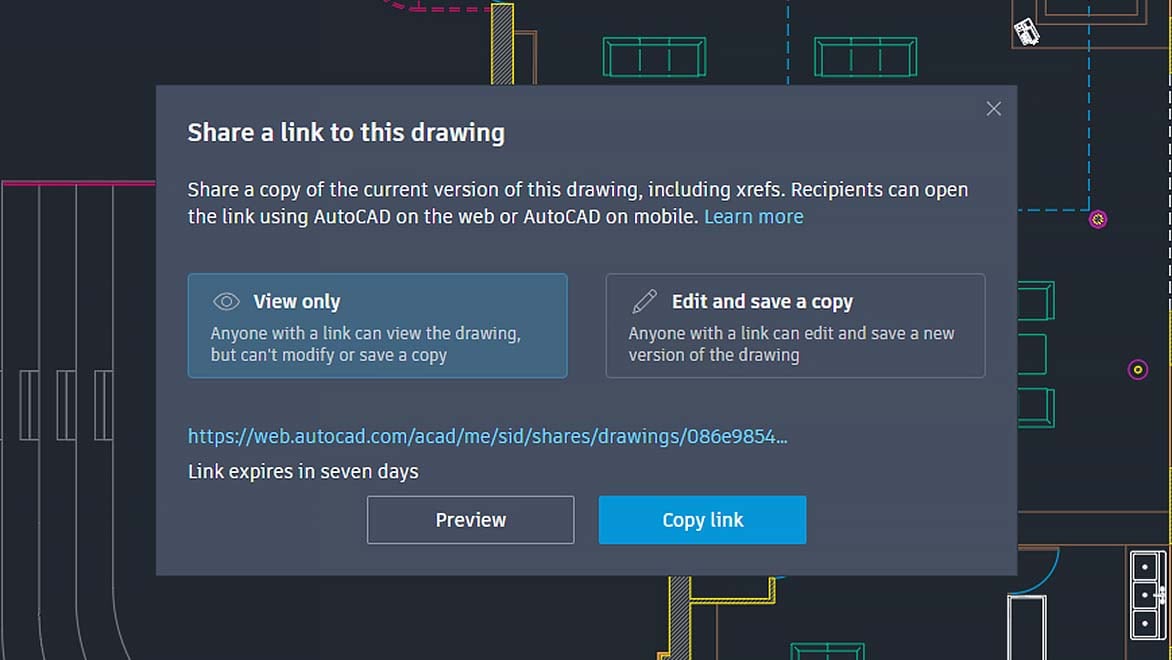 Dialogue window open in Autodesk AutoCAD with options to share link to active floorplan drawing with collaborators