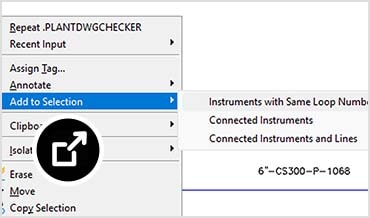Context menu showing options to select instruments with the same loop number or connected instruments.