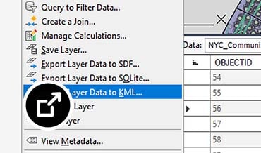 Map workspace showing a geographic dataset with a context menu option to export FDO layer data to KML.