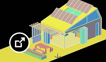 Colorful 3D architectural model of a small building with roof panels, pergola, and outdoor furniture.