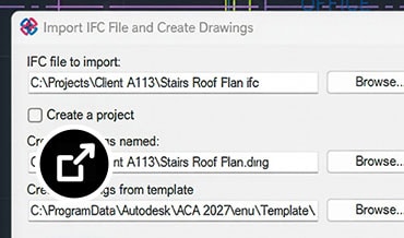 IFC import dialog and options window showing selected building elements to import from an IFC file in AutoCAD.