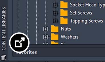 AutoCAD content library panel displaying ISO fasteners and threaded bolt parts with preview views.