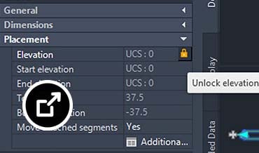 AutoCAD MEP interface showing duct properties with elevation lock settings and a duct segment in the drawing area.