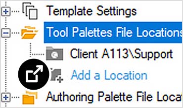 AutoCAD Options dialog highlighting shared Tool Palettes file location settings for a project.