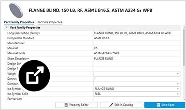 Spec Editor window displaying properties for a blind flange component including standard, material, and designation.