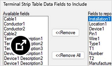 Terminal Strip Table Data Fields dialog listing available and selected fields for generating a terminal strip table.
